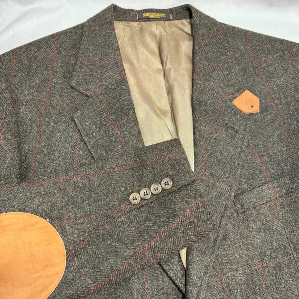 VTG Evan Picone Wool Tweed Herringbone Plaid Blazer Leather Elbow Patches 43L